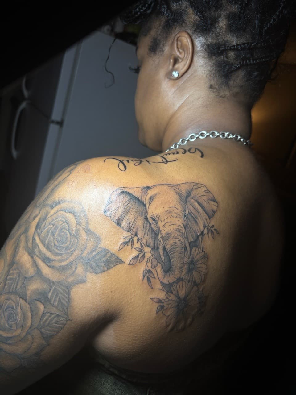 Black & Grey + Illustrative elephant tattoo on Shoulder by inkedbyshyllc on TattMe