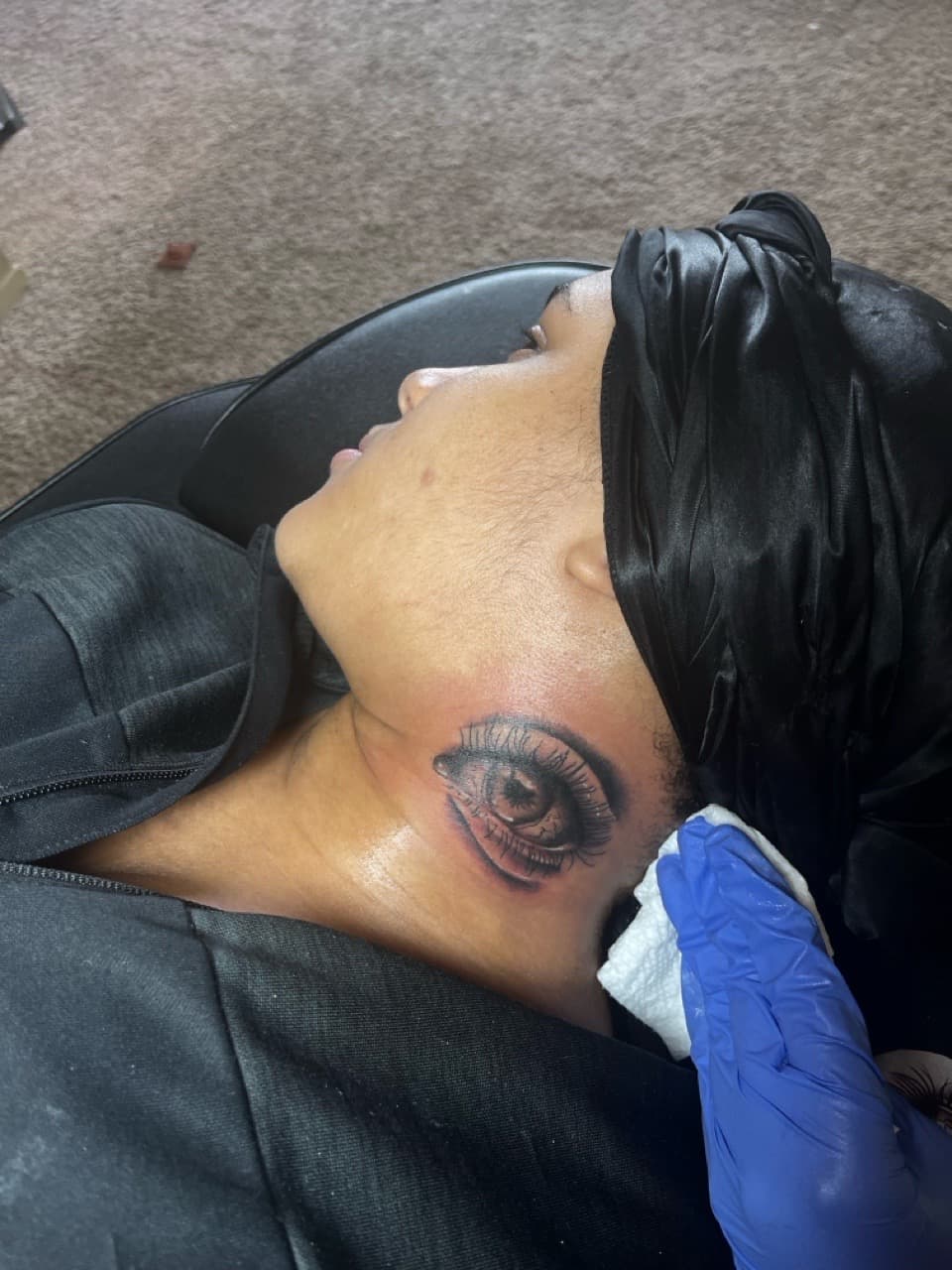 Realism + Black & Grey eye tattoo on Neck (Side) by inkedbyshyllc on TattMe