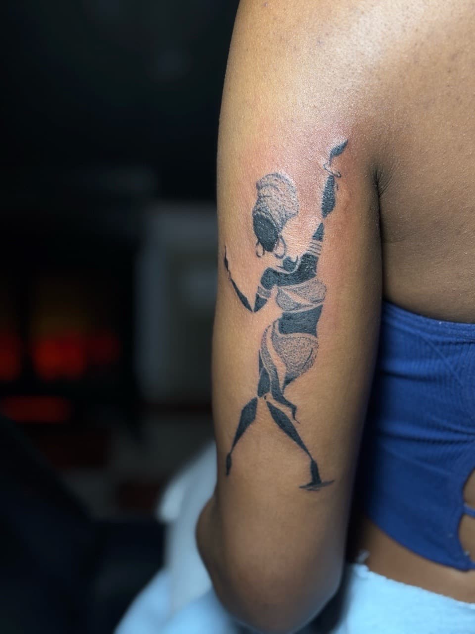 Black-work + Illustrative woman tattoo on Upper Arm by inkedbyshyllc on TattMe