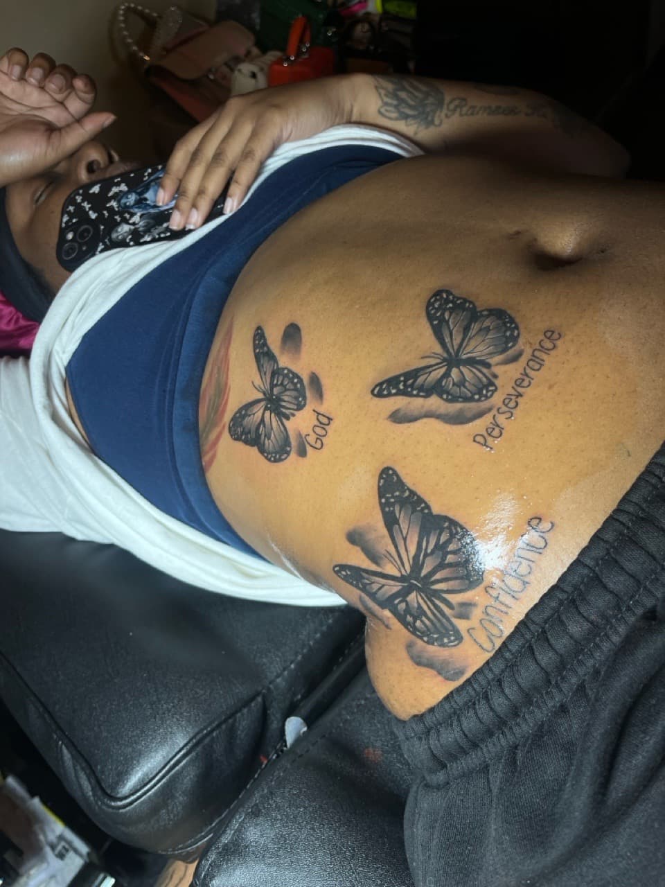 Black & Grey + Lettering butterflies tattoo on Stomach by inkedbyshyllc on TattMe