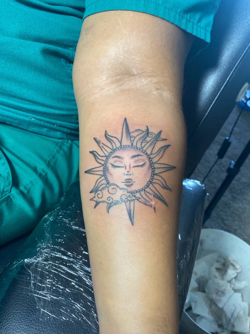 Black & Grey + Illustrative sun tattoo on Forearm by inkedbyshyllc on TattMe
