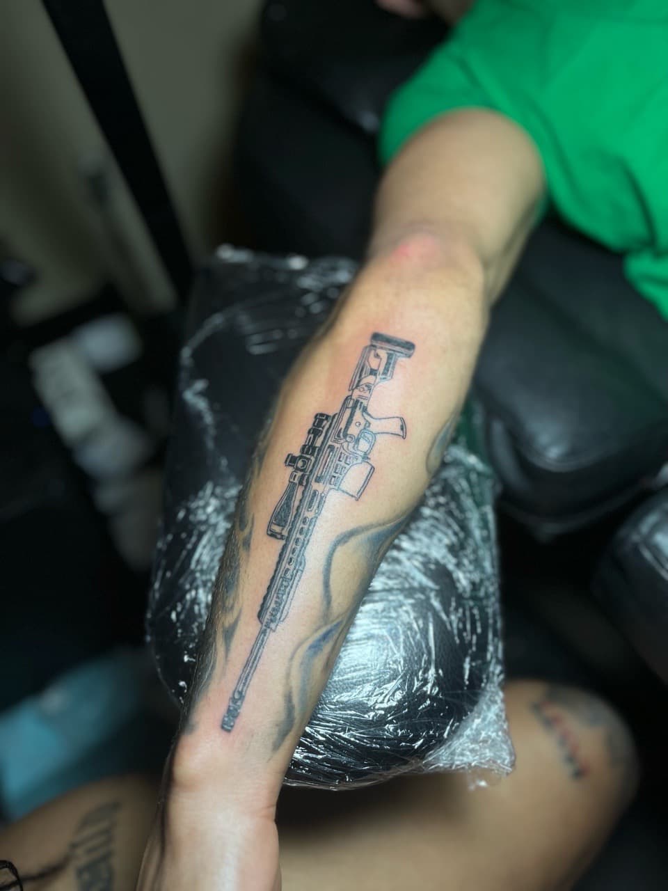 Line-work + Black & Grey rifle tattoo on Forearm by inkedbyshyllc on TattMe