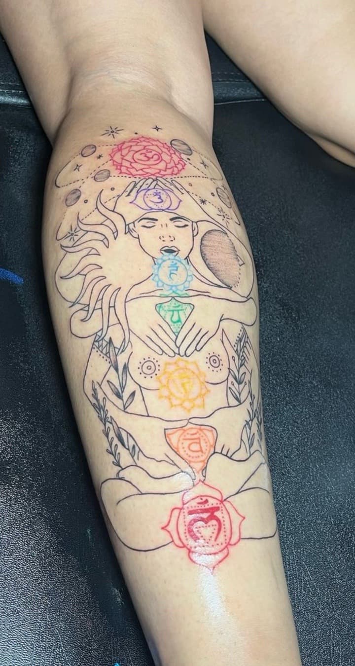 Fine Line + Line-work woman tattoo on Calf by inkedbyshyllc on TattMe