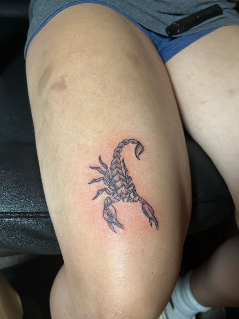 Black & Grey + Illustrative scorpion tattoo on Thigh by inkedbyshyllc on TattMe
