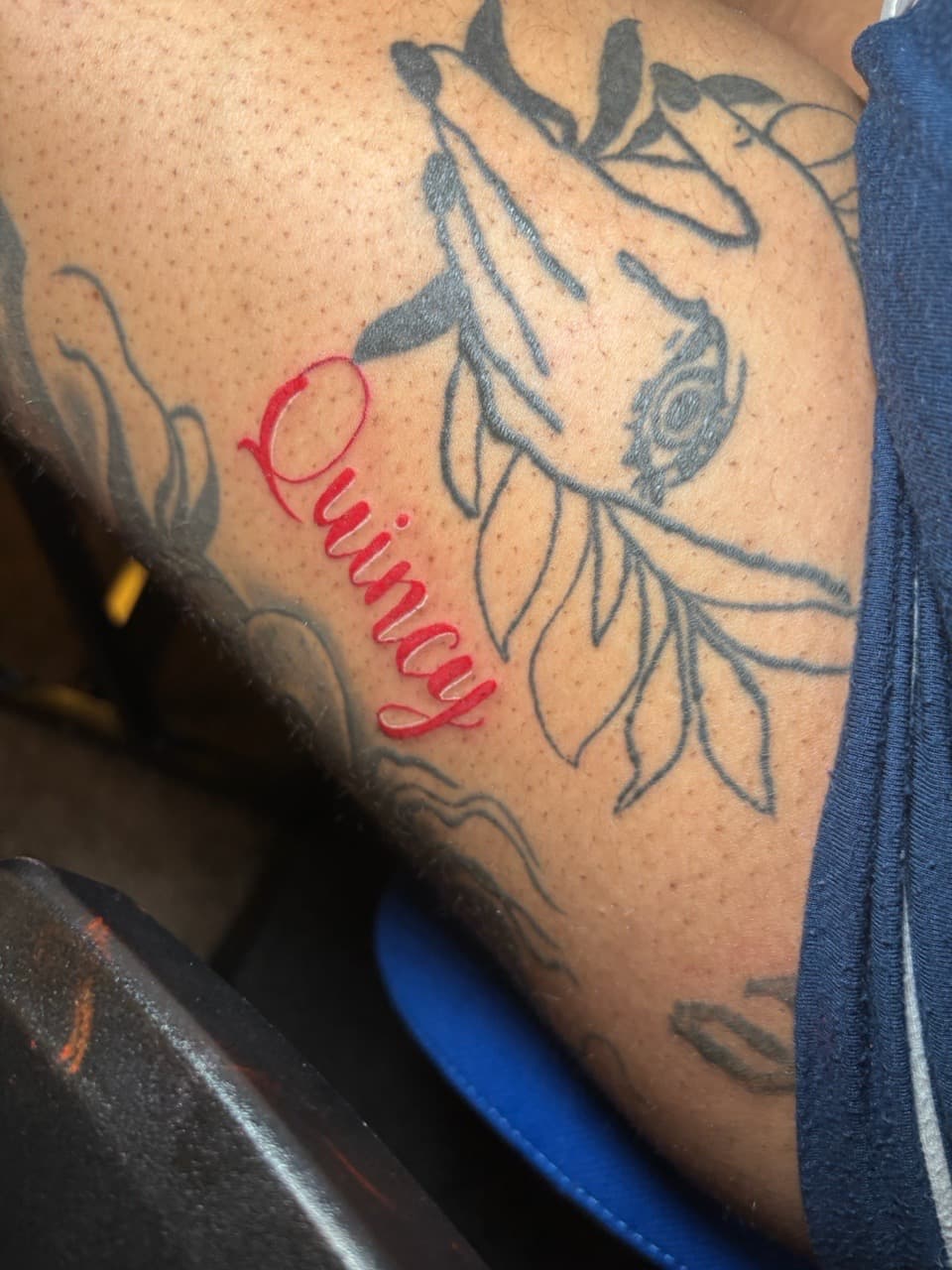 Lettering + Script quincy tattoo on Thigh by inkedbyshyllc on TattMe