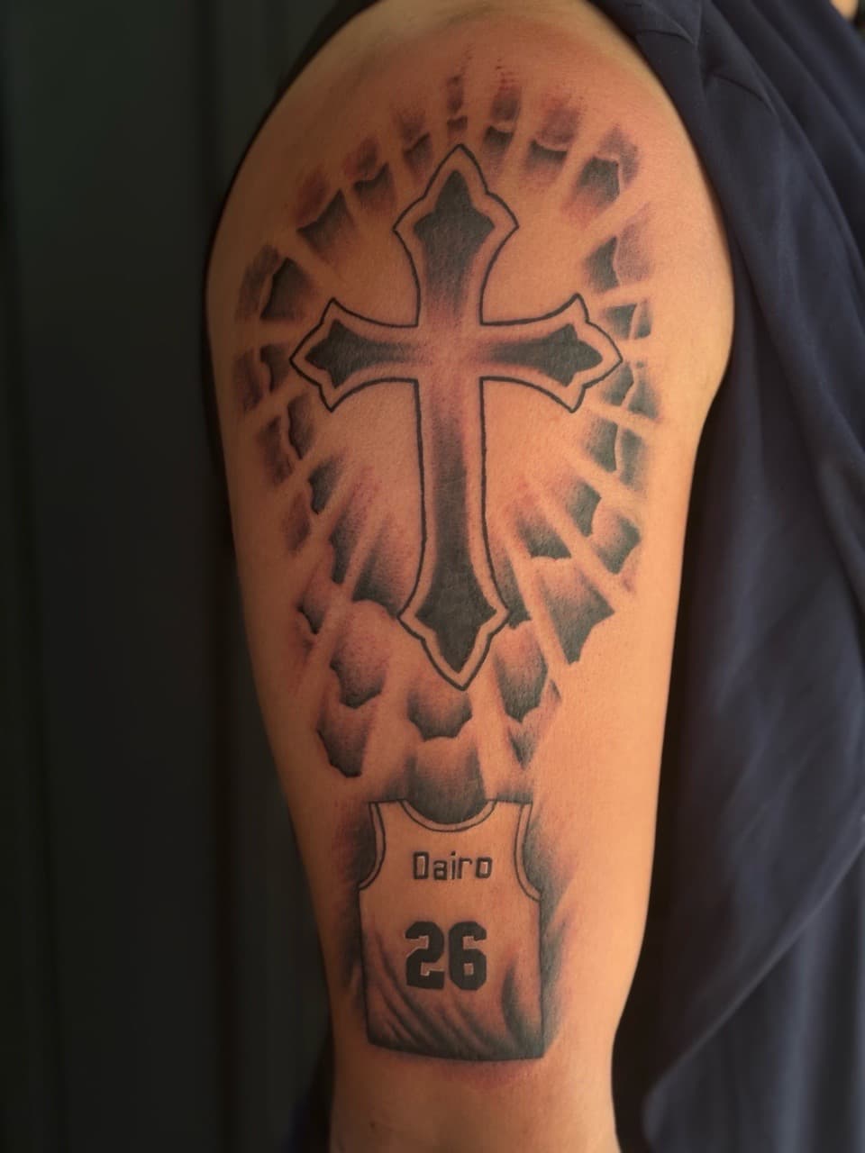 Black & Grey + Illustrative cross tattoo on Upper Arm by inkedbyshyllc on TattMe