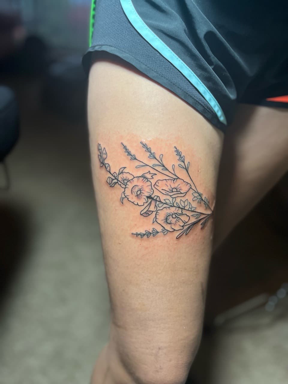 Fine Line + Floral flowers tattoo on Thigh by inkedbyshyllc on TattMe