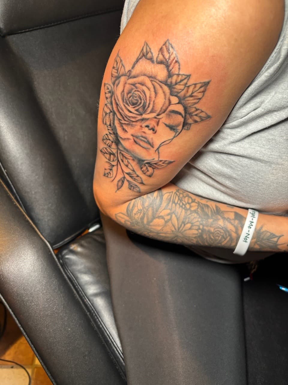Black & Grey + Floral rose tattoo on Upper Arm by inkedbyshyllc on TattMe