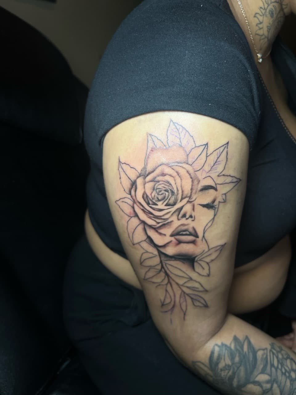 Black & Grey + Floral woman tattoo on Upper Arm by inkedbyshyllc on TattMe