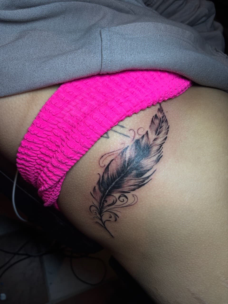 Black & Grey + Fine Line feather tattoo on Hip by inkedbyshyllc on TattMe