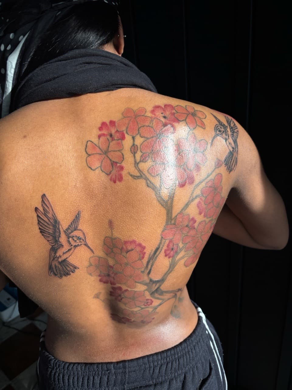 Floral + Color hummingbirds tattoo on Shoulder Blade by inkedbyshyllc on TattMe
