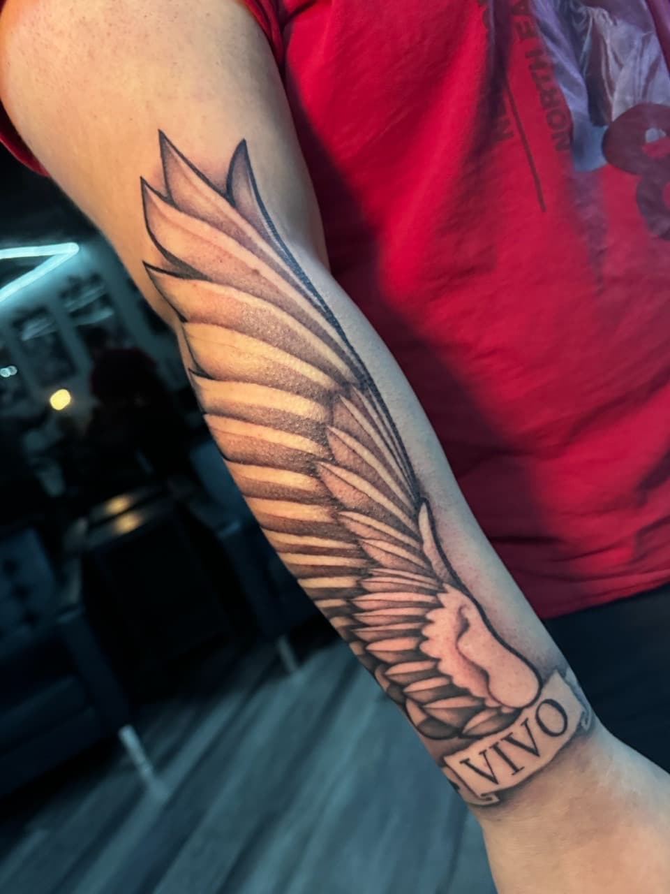 Black & Grey + Illustrative wing tattoo on Forearm by Ink_by_Noble on TattMe