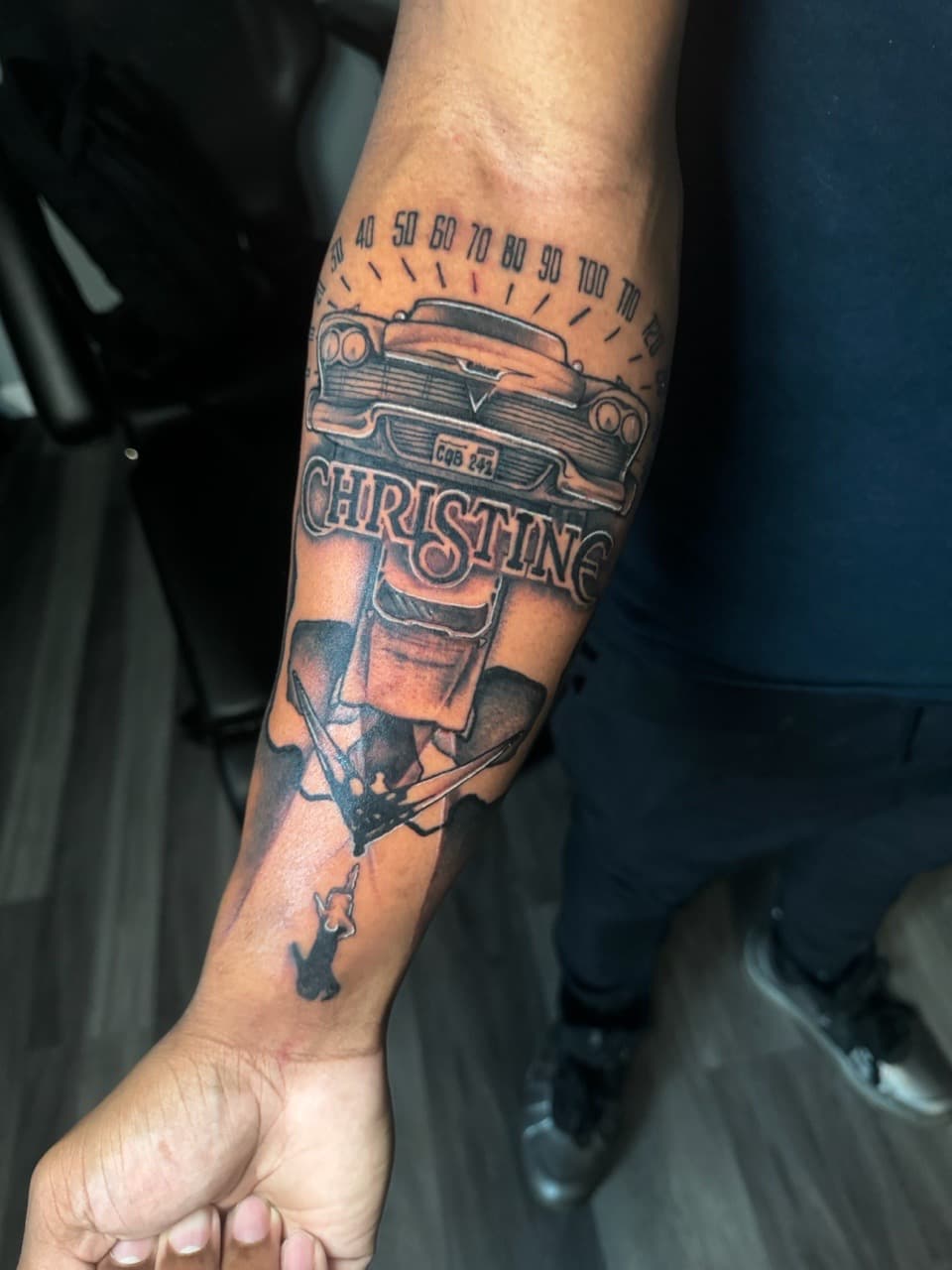 Black & Grey + Illustrative car tattoo on Forearm by Ink_by_Noble on TattMe