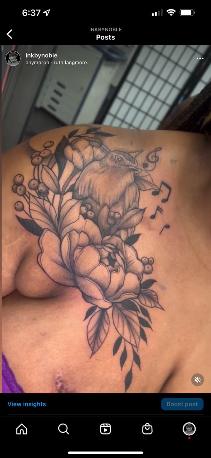Black & Grey + Floral bird tattoo on Shoulder by Ink_by_Noble on TattMe