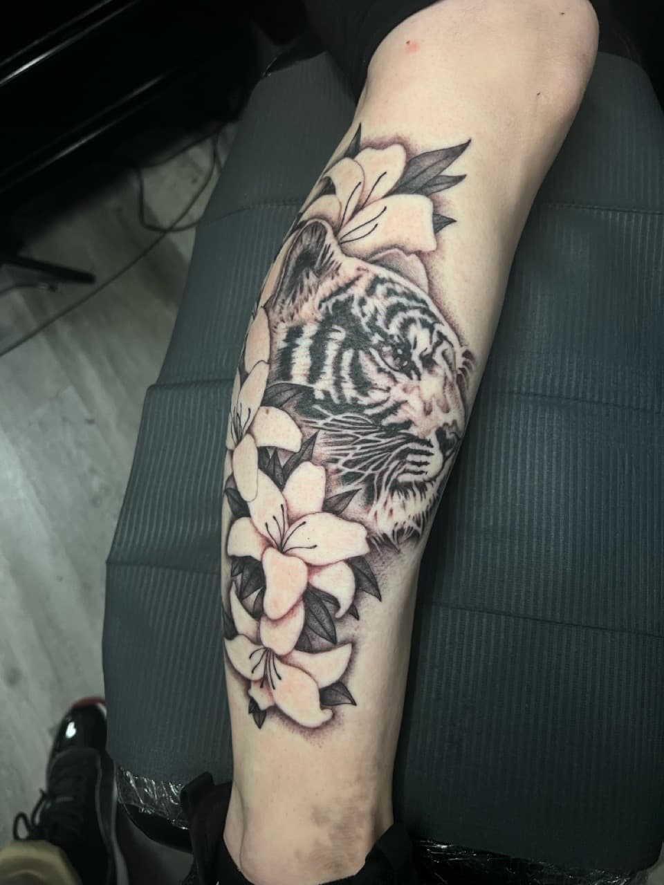 Black & Grey + Realism tiger tattoo on Calf by Ink_by_Noble on TattMe