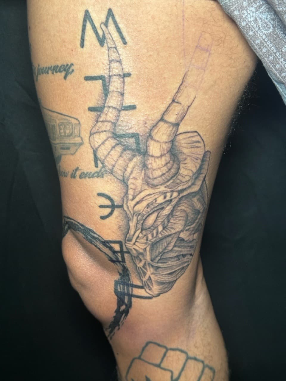 Black & Grey + Illustrative horn tattoo on Knee by Ink_by_Noble on TattMe