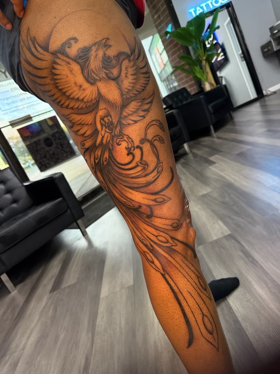 Black & Grey + Illustrative phoenix tattoo on Thigh by Ink_by_Noble on TattMe