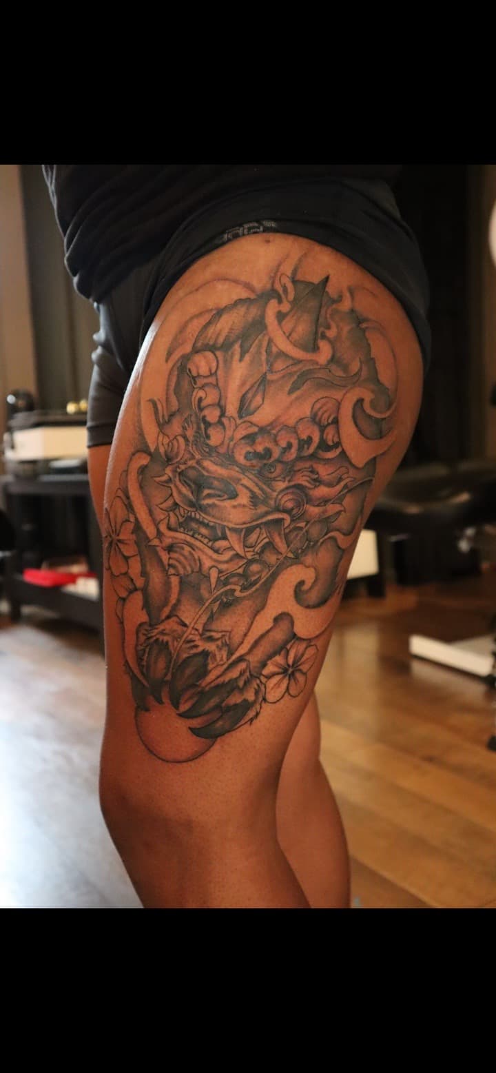 Japanese + Black & Grey oni tattoo on Thigh by Ink_by_Noble on TattMe