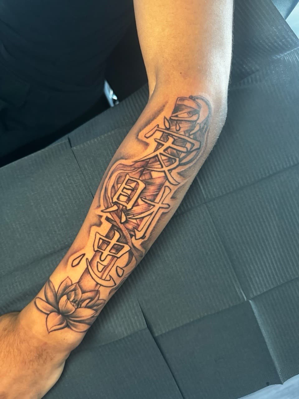 Black & Grey + Japanese kanji tattoo on Forearm by Ink_by_Noble on TattMe