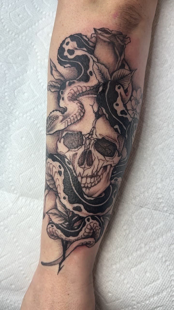 Black & Grey + Illustrative skull tattoo on Forearm by Ink_by_Noble on TattMe