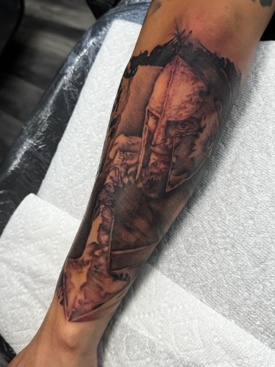 Black & Grey + Realism spartan tattoo on Forearm by Ink_by_Noble on TattMe