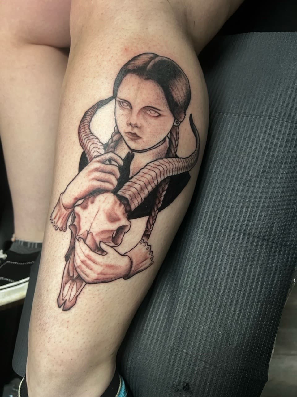 Black & Grey + Illustrative girl tattoo on Calf by Ink_by_Noble on TattMe