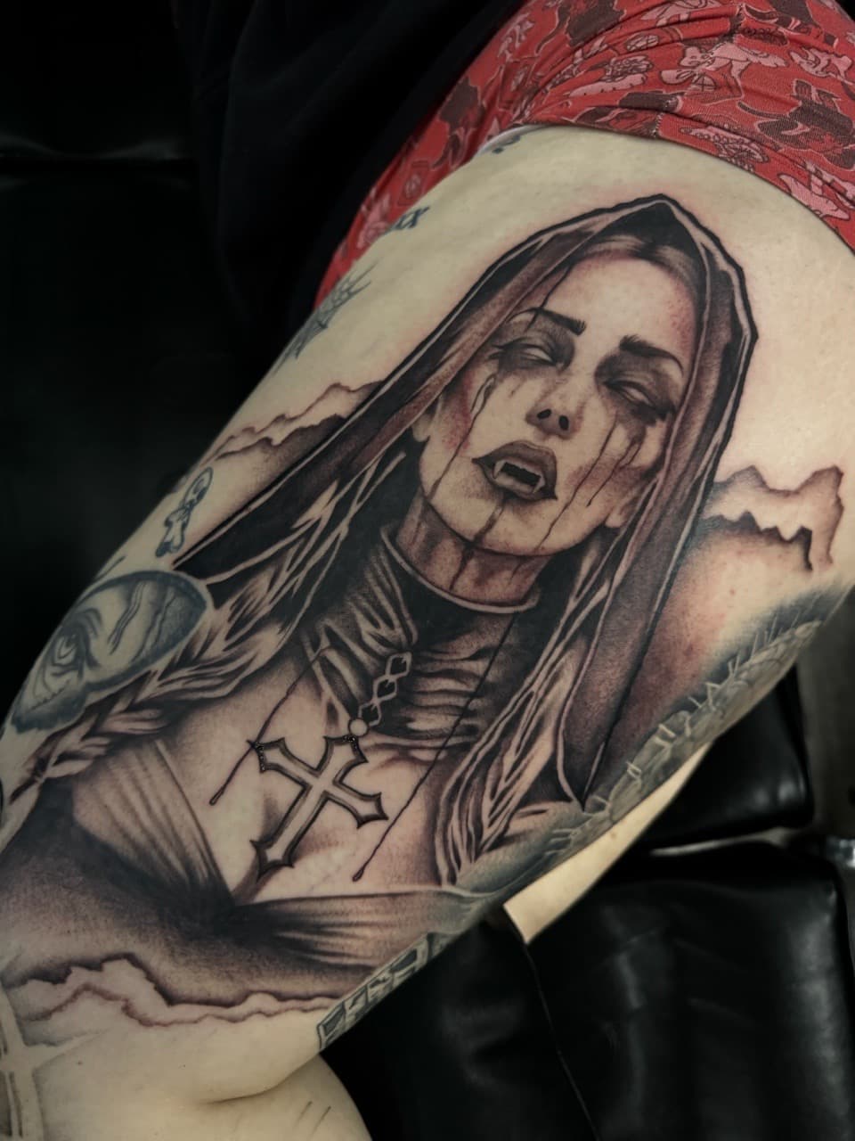 Black & Grey + Realism woman tattoo on Thigh by Ink_by_Noble on TattMe