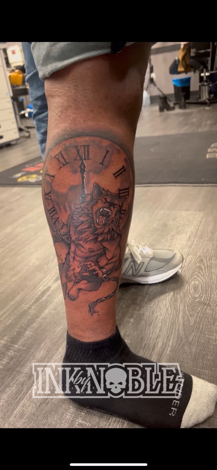 Black & Grey + Illustrative wolf tattoo on Calf by Ink_by_Noble on TattMe