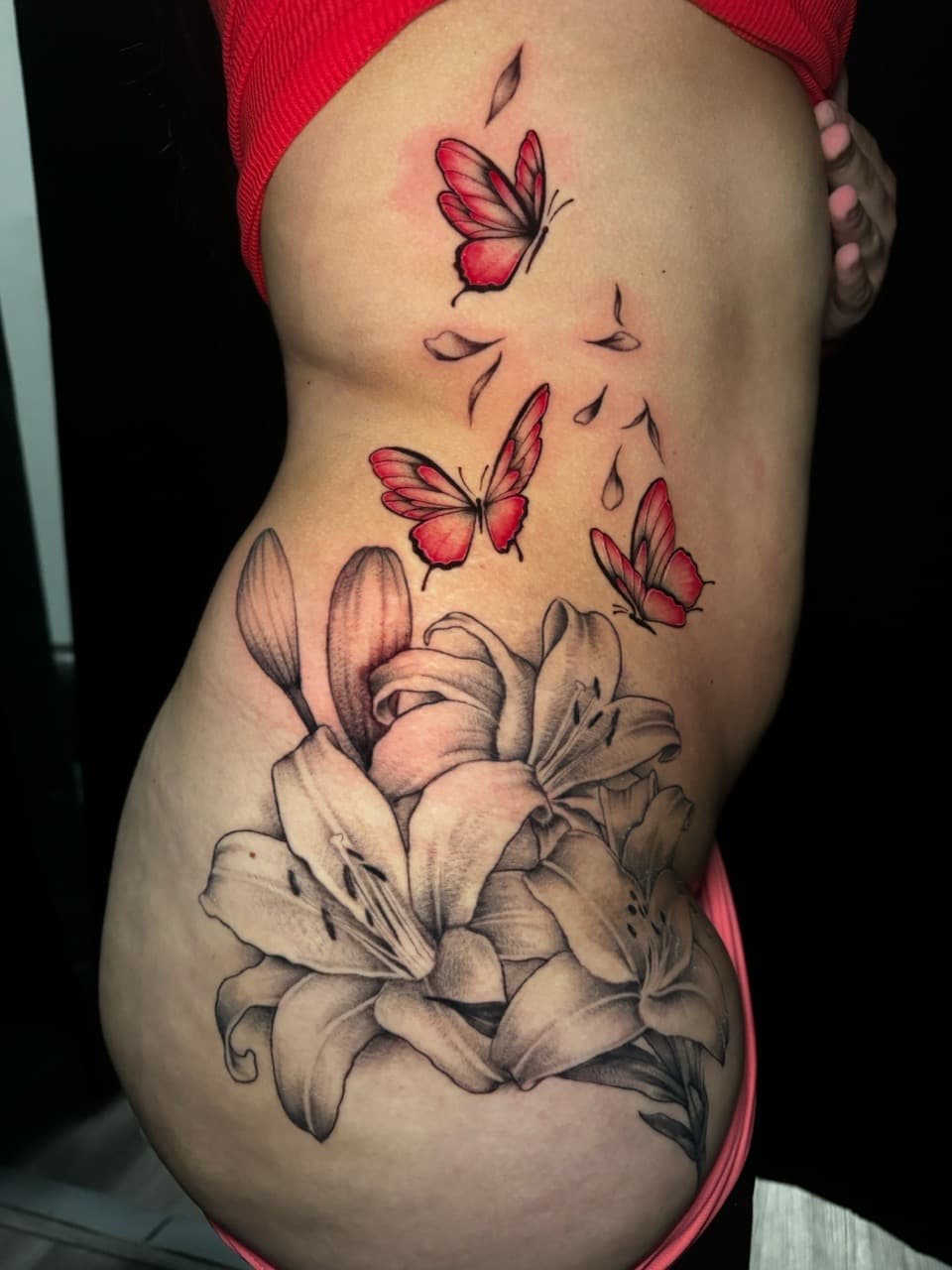 Floral + Black & Grey butterflies tattoo on Side (Torso) by Ink_by_Noble on TattMe