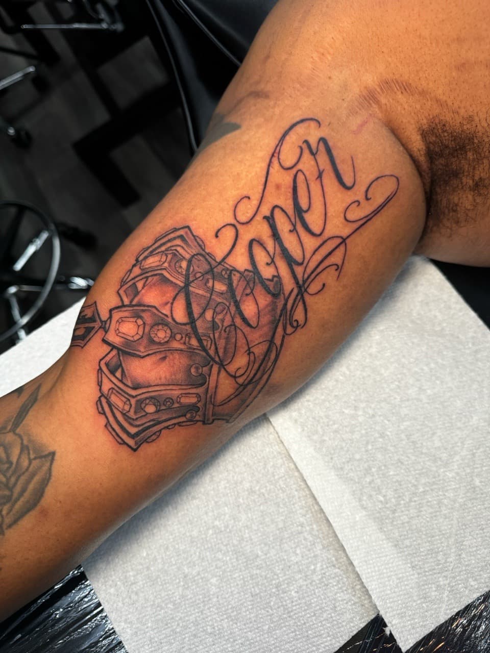 Black & Grey + Script money tattoo on Upper Arm by Ink_by_Noble on TattMe