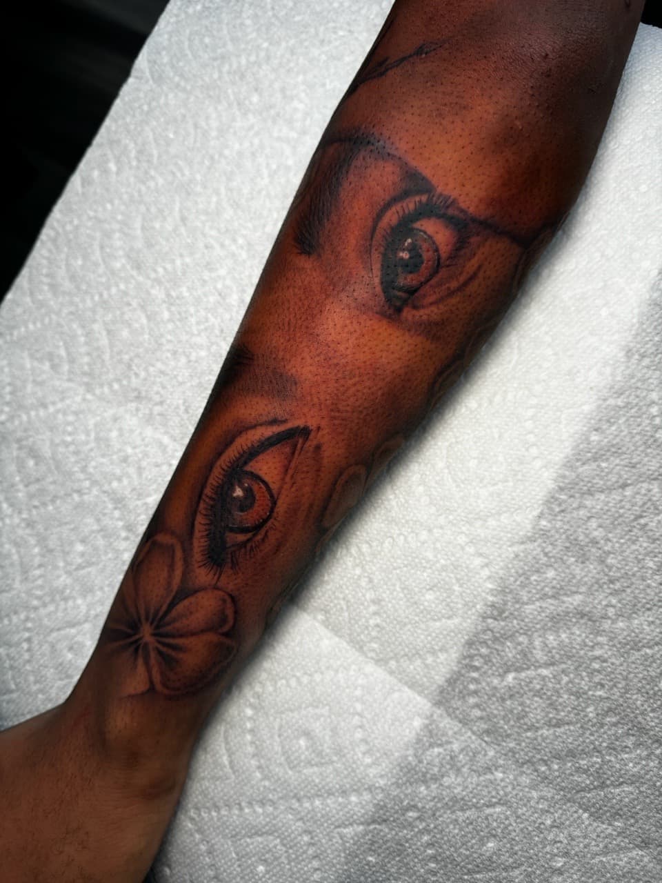 Realism + Black & Grey eyes tattoo on Forearm by Ink_by_Noble on TattMe
