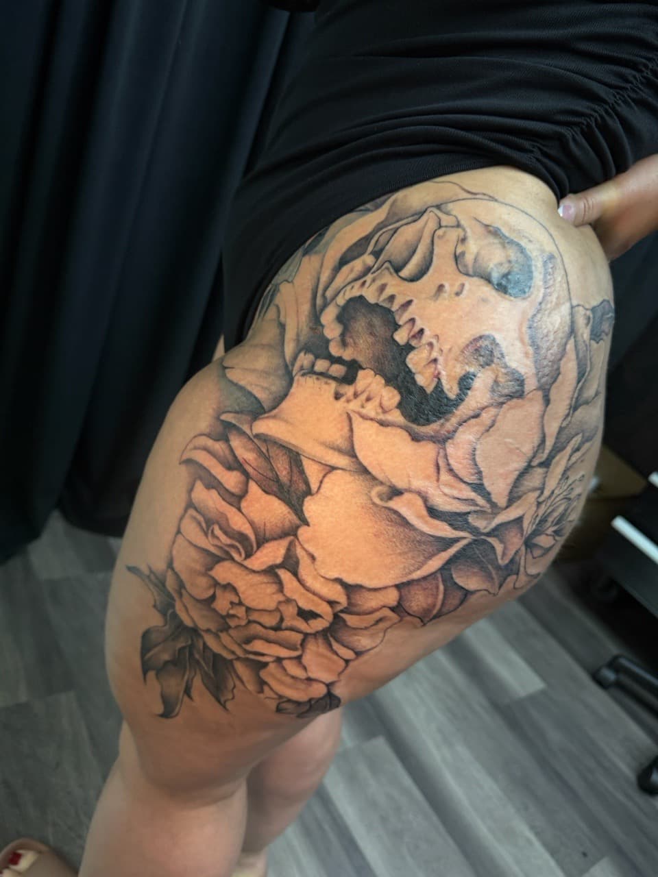 Black & Grey + Floral skull tattoo on Thigh by Ink_by_Noble on TattMe