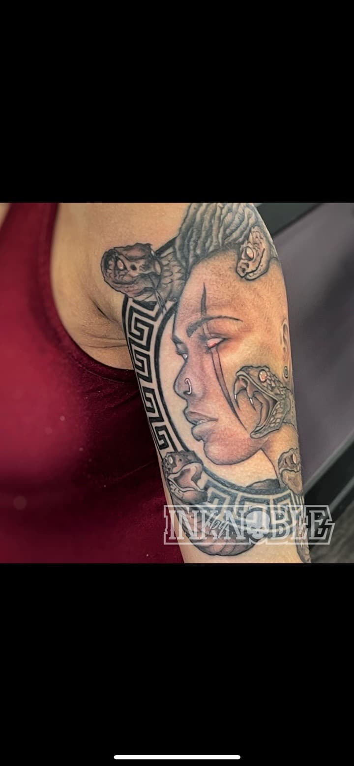 Black & Grey + Illustrative woman tattoo on Upper Arm by Ink_by_Noble on TattMe