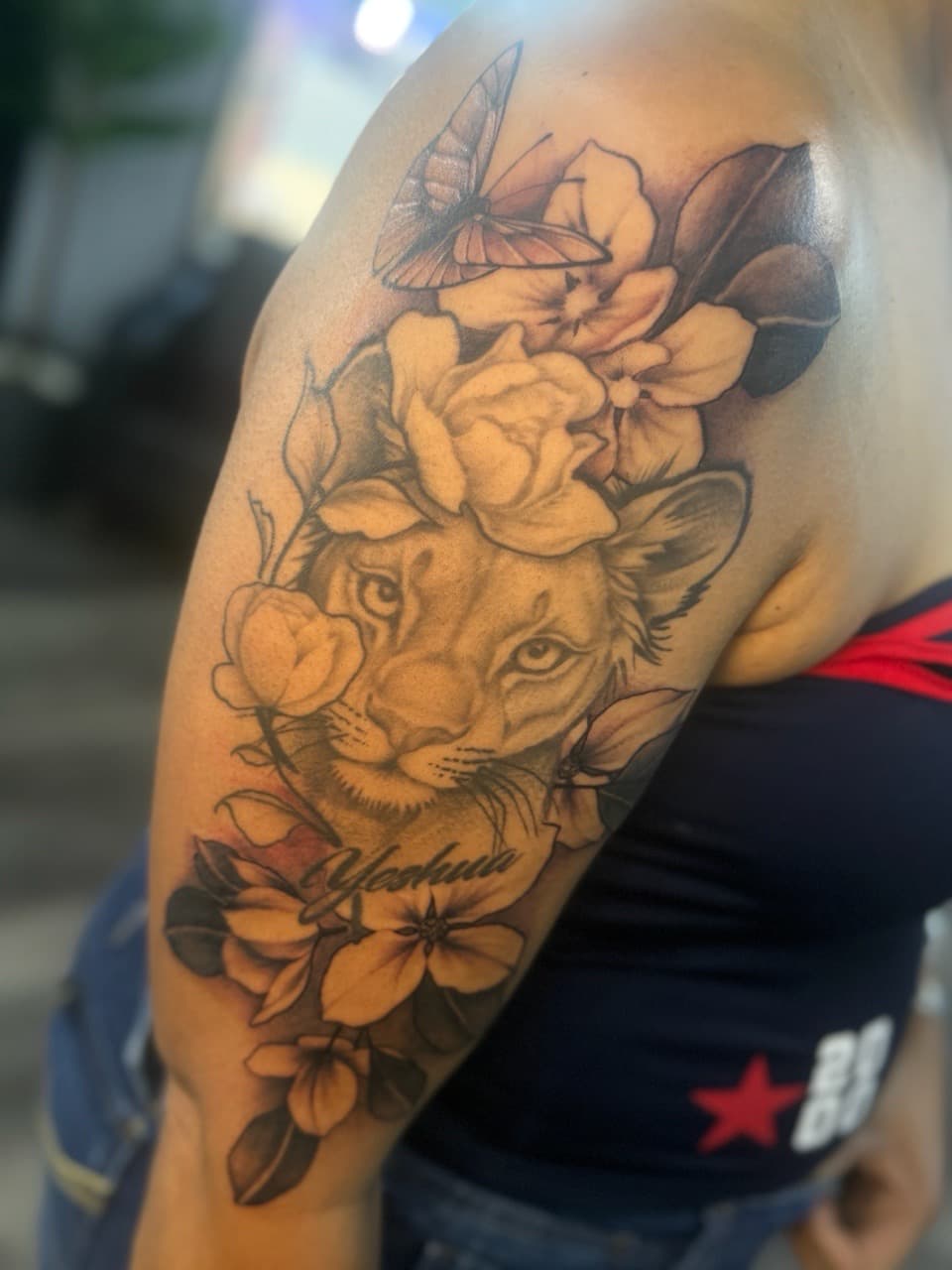 Black & Grey + Realism lioness tattoo on Upper Arm by Ink_by_Noble on TattMe