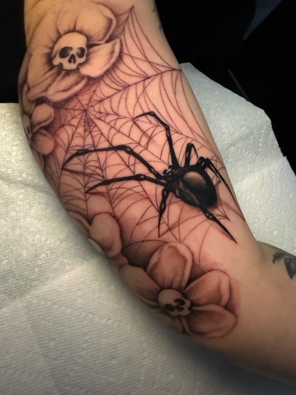 Black & Grey + Illustrative spider tattoo on Forearm by Ink_by_Noble on TattMe