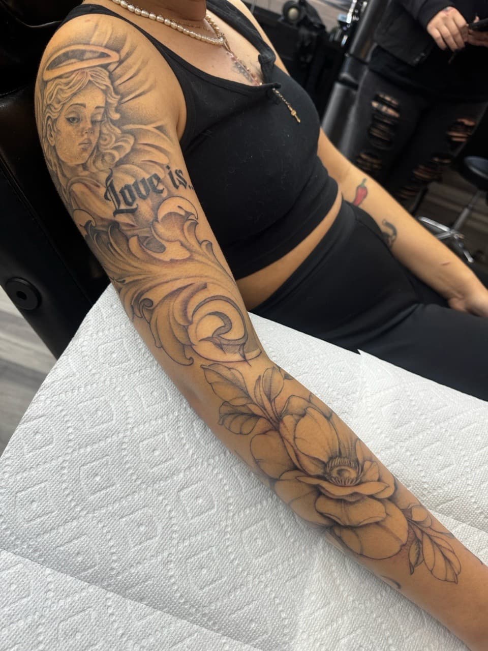 Black & Grey + Illustrative angel tattoo on Full Sleeve by Ink_by_Noble on TattMe