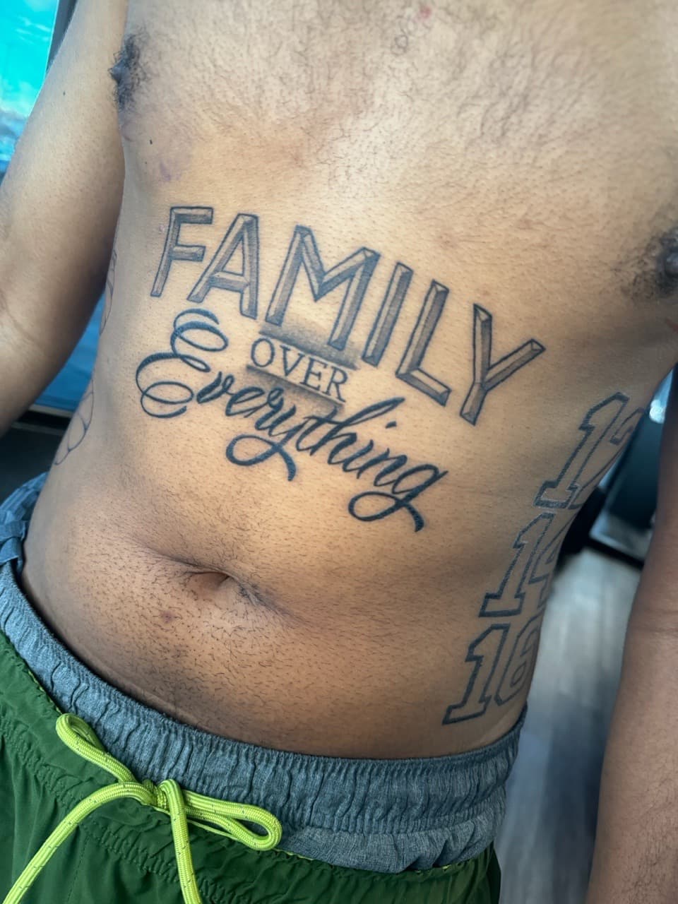 Lettering + Script family tattoo on Stomach by Ink_by_Noble on TattMe