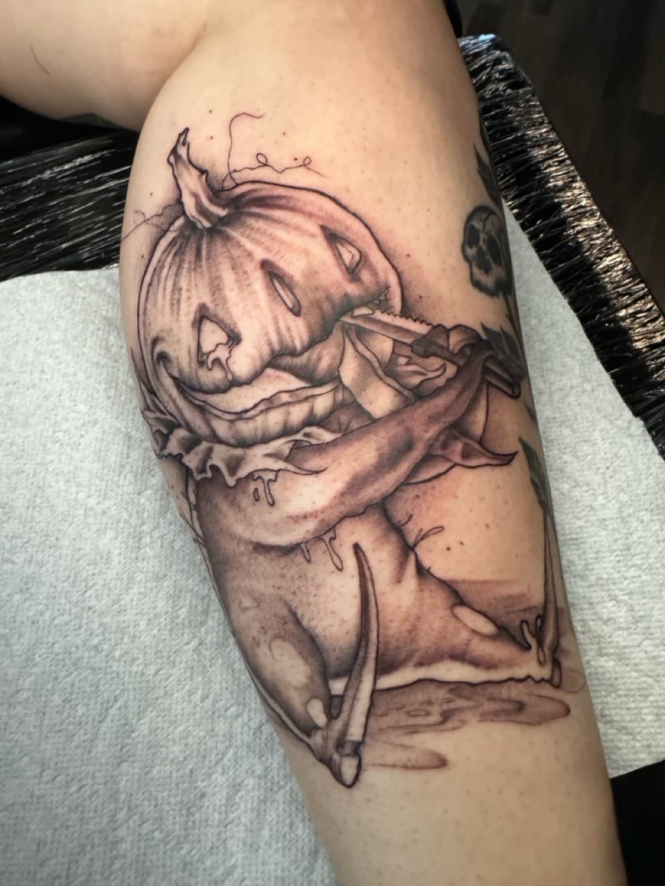 Black & Grey + Illustrative pumpkin tattoo on Thigh by Ink_by_Noble on TattMe