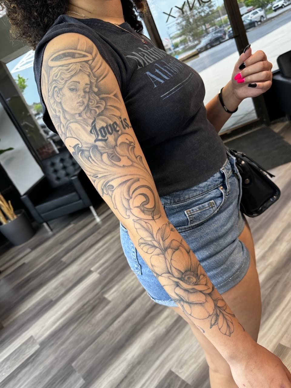 Black & Grey + Floral angel tattoo on Full Sleeve by Ink_by_Noble on TattMe