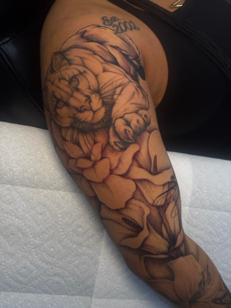 Black & Grey + Realism lioness tattoo on Upper Arm by Ink_by_Noble on TattMe