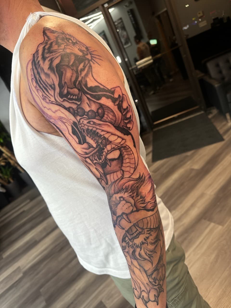 Black & Grey + Illustrative tiger tattoo on Full Sleeve by Ink_by_Noble on TattMe