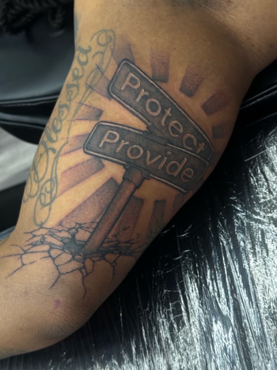 Black & Grey + Lettering street signs tattoo on Forearm by Ink_by_Noble on TattMe
