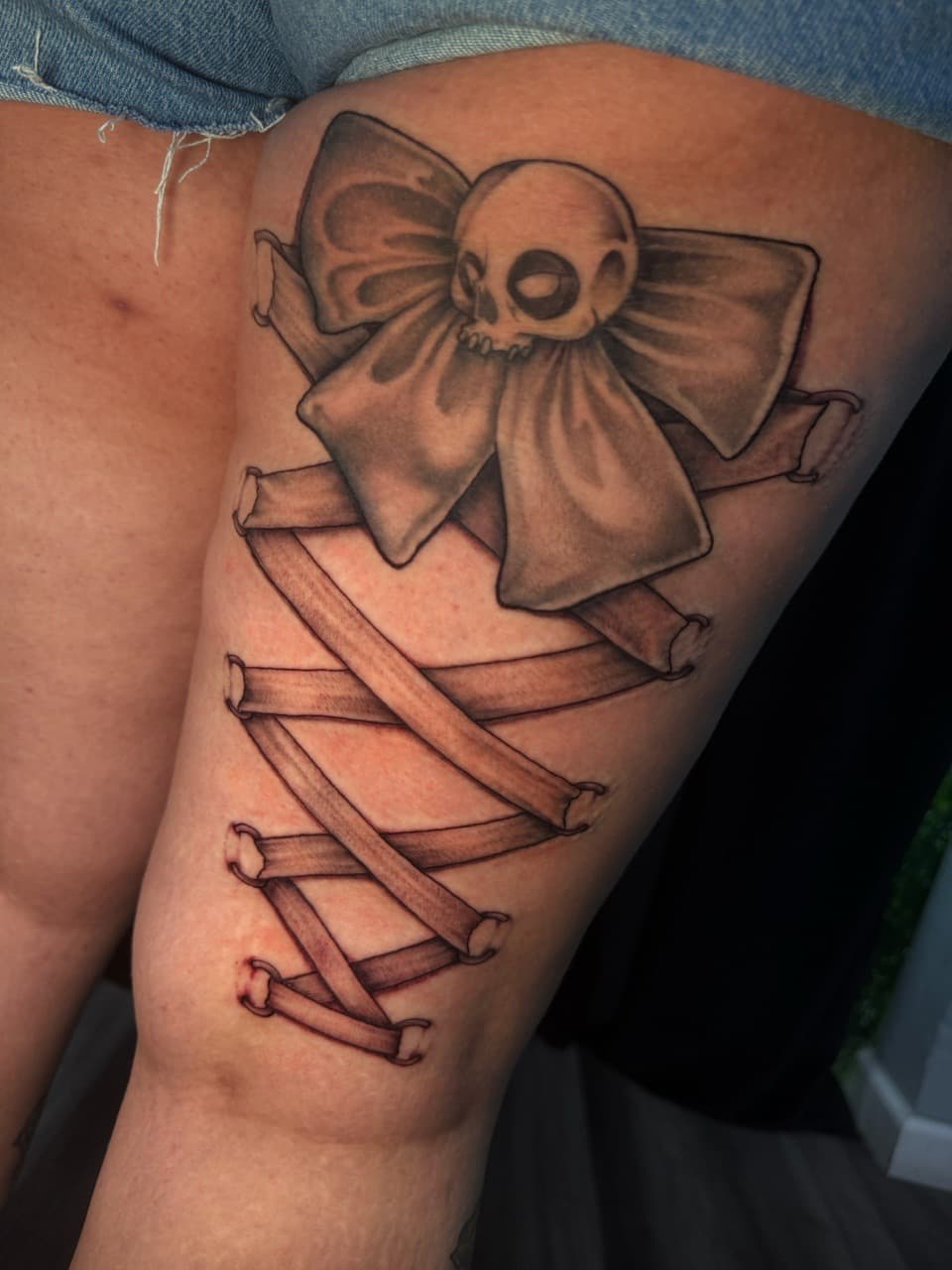 Black & Grey + Illustrative skull tattoo on Thigh by Ink_by_Noble on TattMe