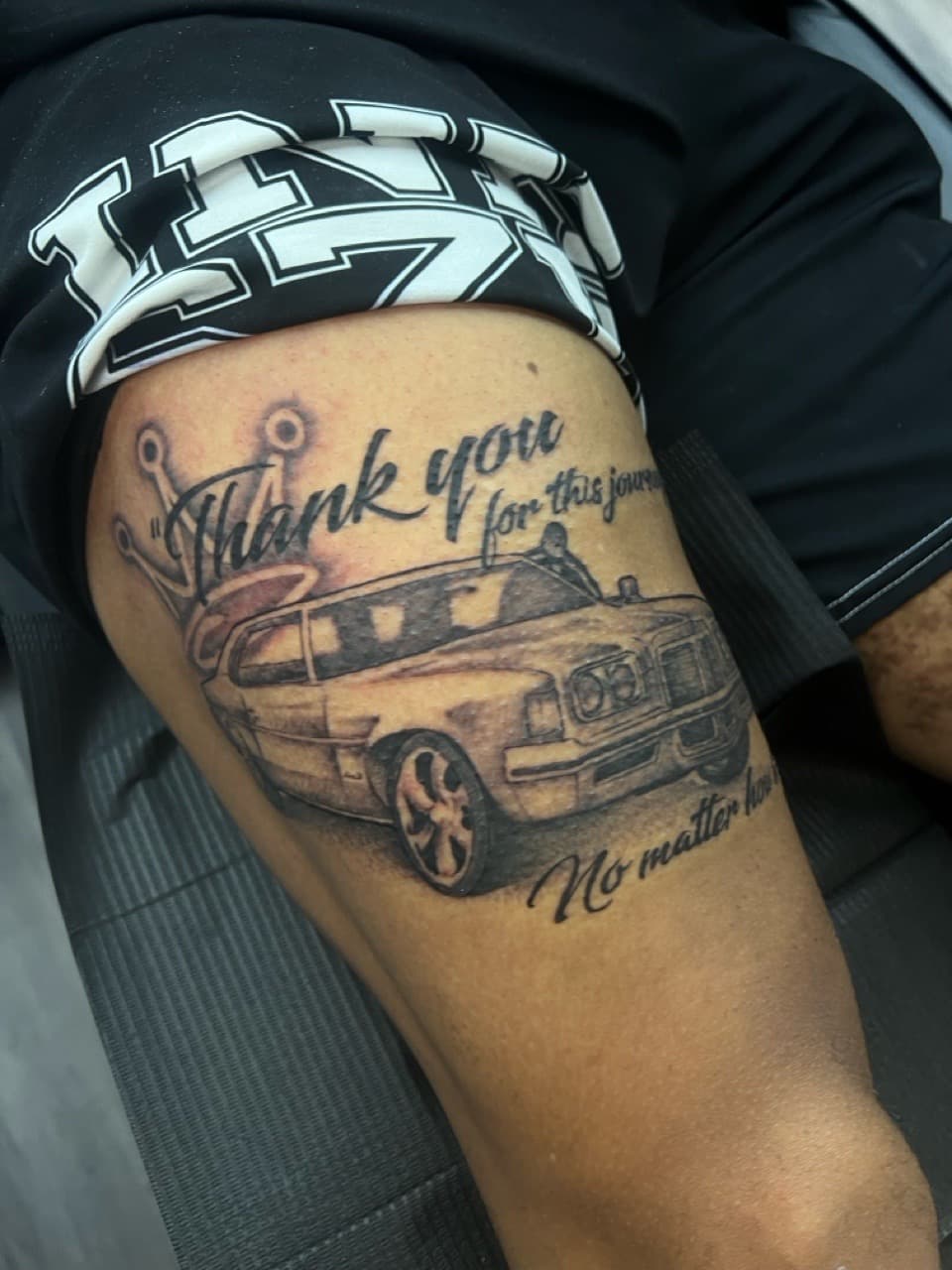 Black & Grey + Lettering car tattoo on Thigh by Ink_by_Noble on TattMe