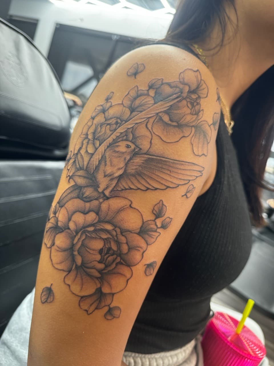 Black & Grey + Floral bird tattoo on Upper Arm by Ink_by_Noble on TattMe