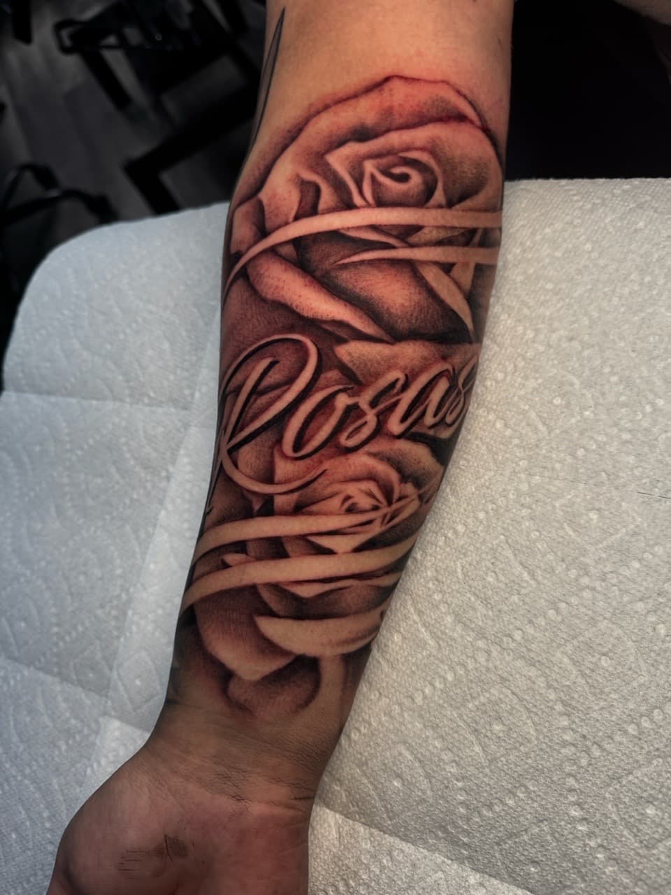 Black & Grey + Floral roses tattoo on Forearm by Ink_by_Noble on TattMe