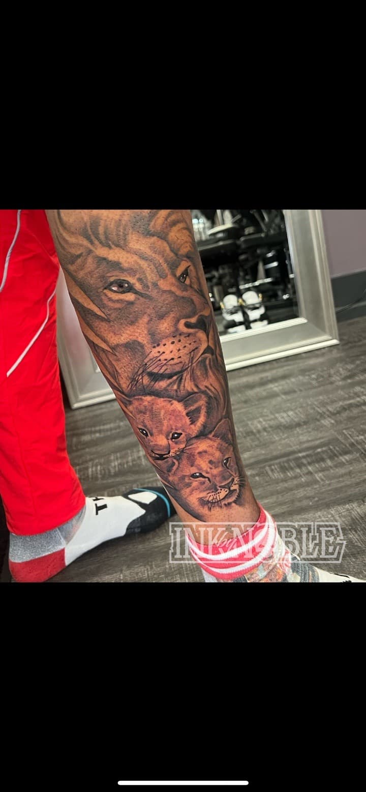 Realism + Black & Grey lion tattoo on Calf by Ink_by_Noble on TattMe