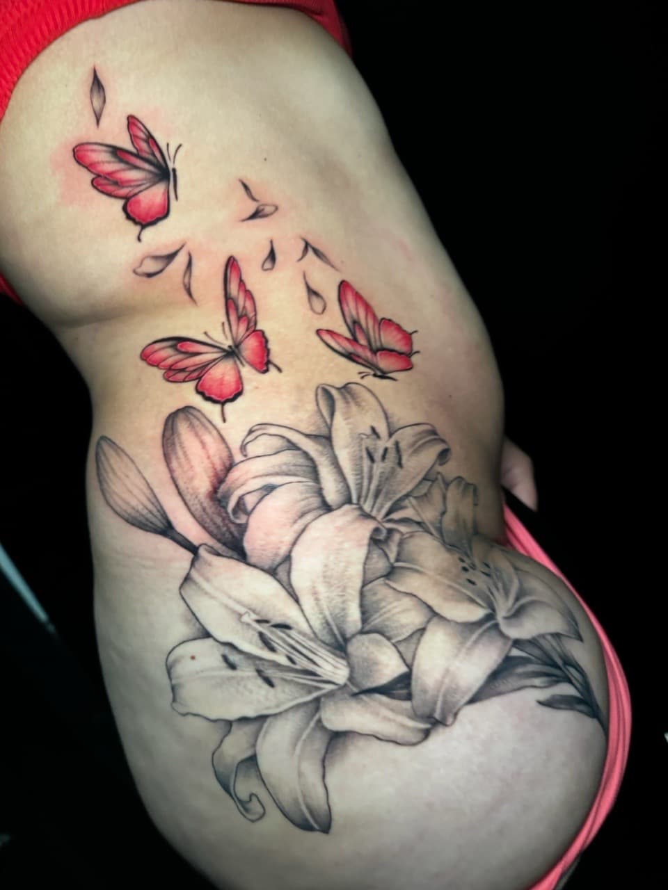 Floral + Black & Grey butterflies tattoo on Side (Torso) by Ink_by_Noble on TattMe