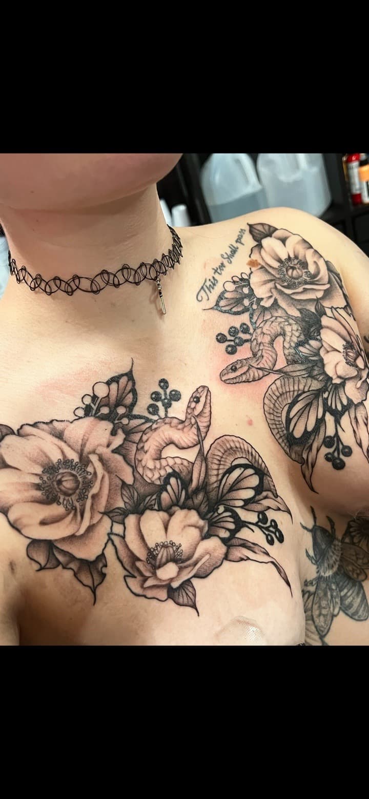 Black & Grey + Floral flowers tattoo on Chest by Ink_by_Noble on TattMe