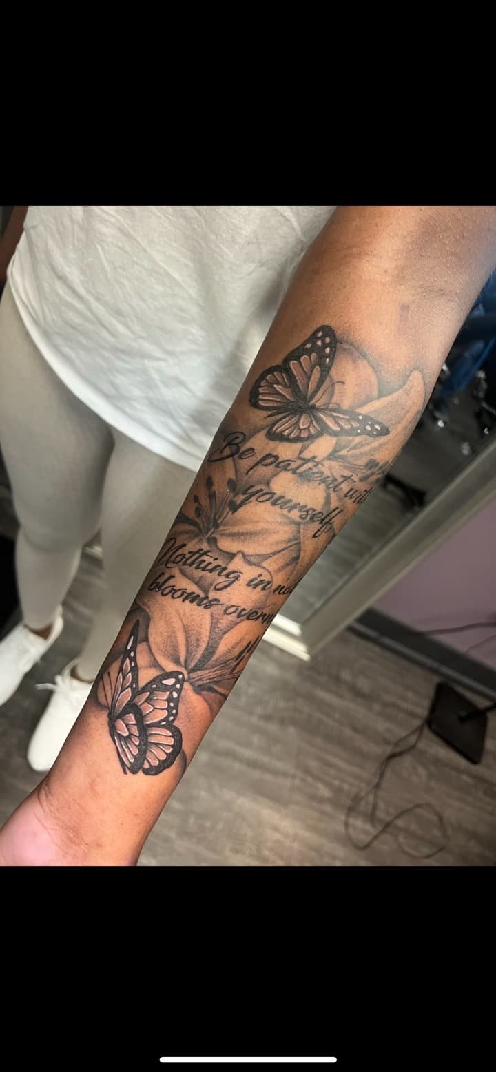 Black & Grey + Floral butterflies tattoo on Forearm by Ink_by_Noble on TattMe
